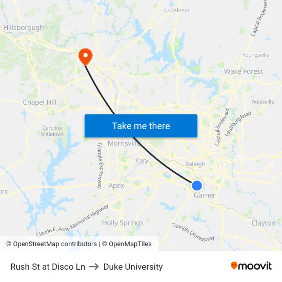 Rush St at Disco Ln to Duke University map