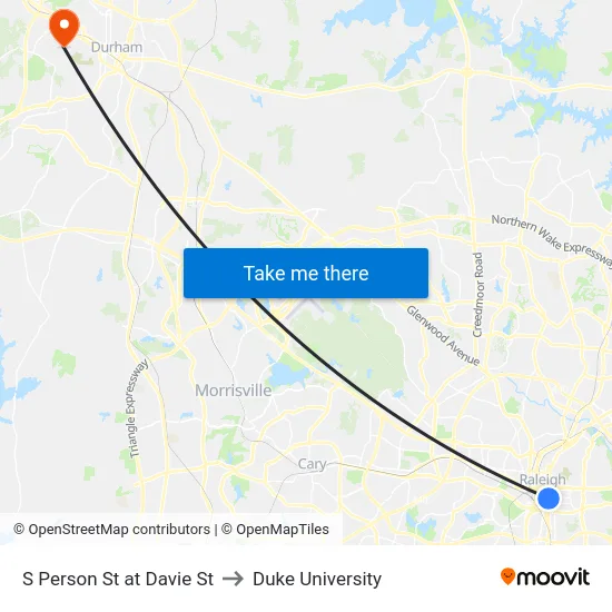 S Person St at Davie St to Duke University map