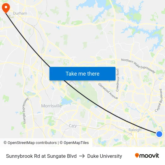 Sunnybrook Rd at Sungate Blvd to Duke University map
