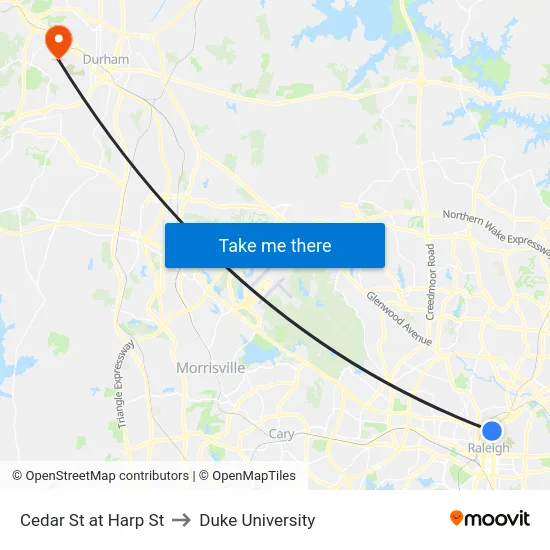 Cedar St at Harp St to Duke University map