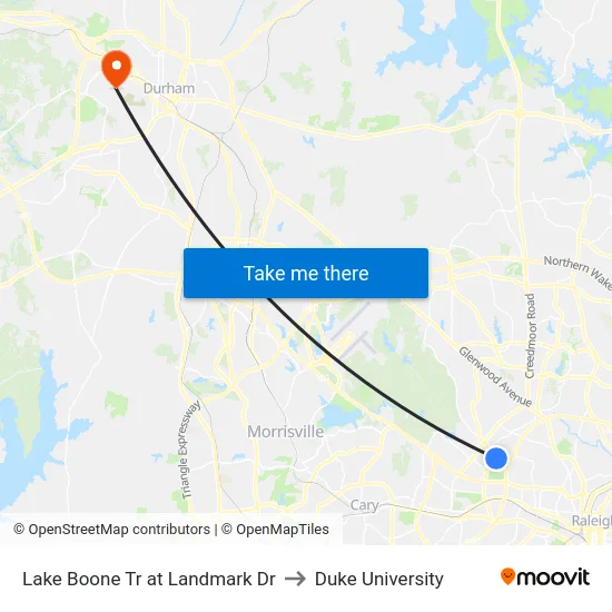 Lake Boone Tr at Landmark Dr to Duke University map