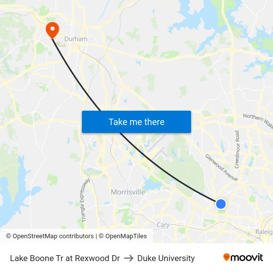 Lake Boone Tr at Rexwood Dr to Duke University map