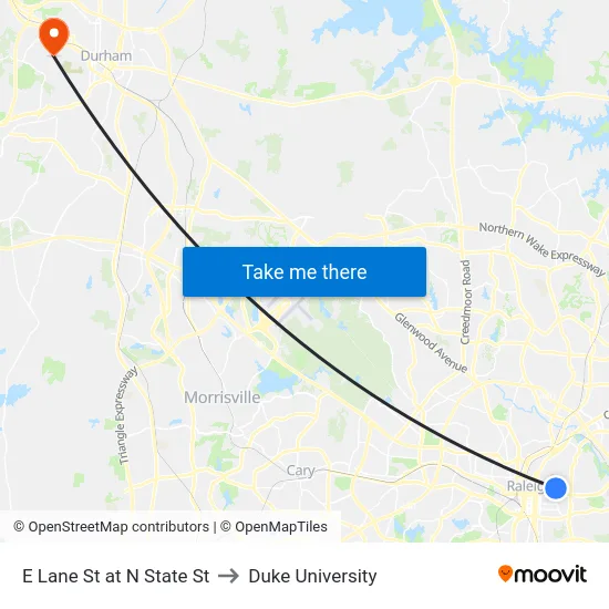 E Lane St at N State St to Duke University map