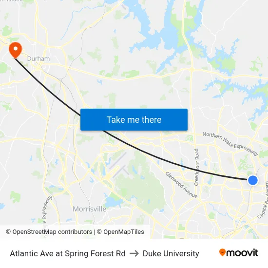 Atlantic Ave at Spring Forest Rd to Duke University map