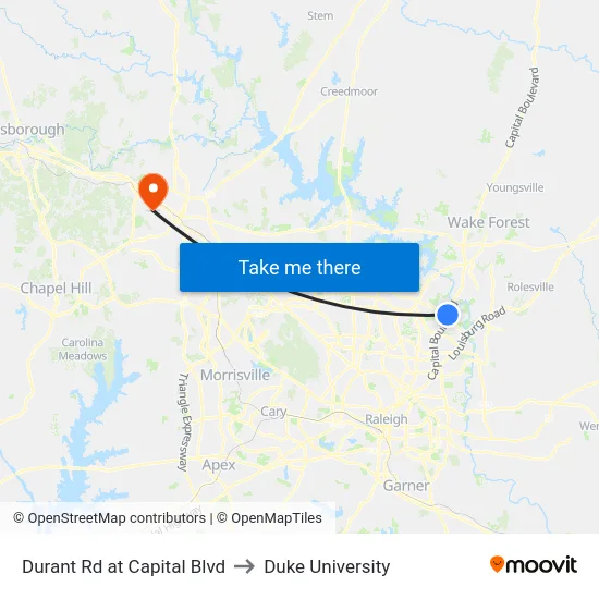 Durant Rd at Capital Blvd to Duke University map