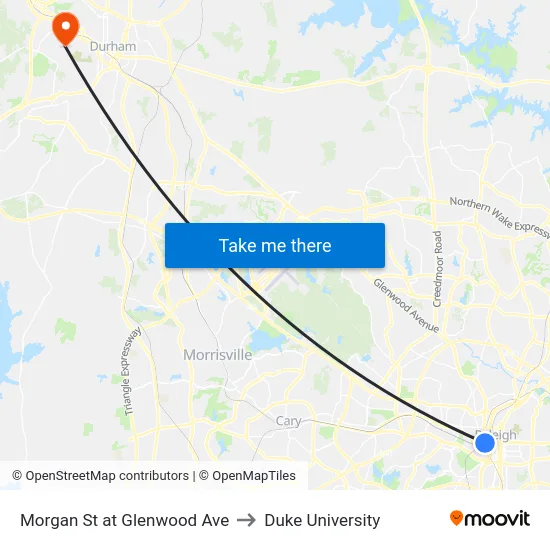 Morgan St at Glenwood Ave to Duke University map