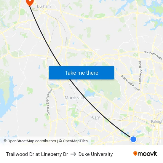 Trailwood Dr at Lineberry Dr to Duke University map