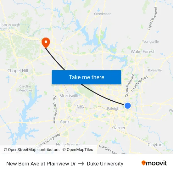 New Bern Ave at Plainview Dr to Duke University map