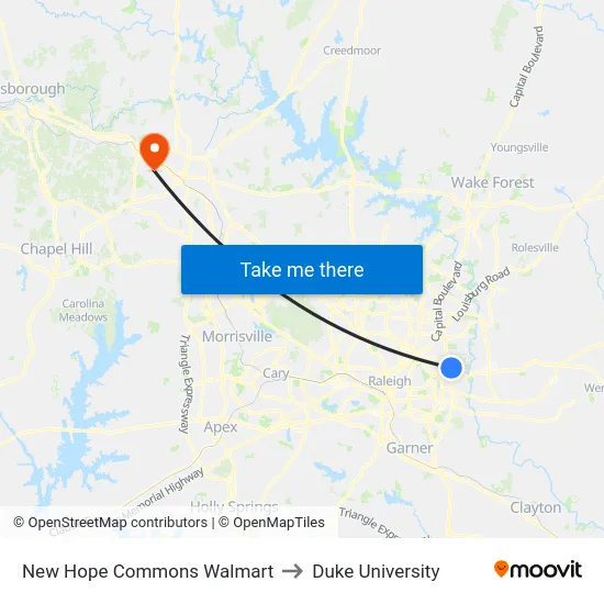 New Hope Commons Walmart to Duke University map