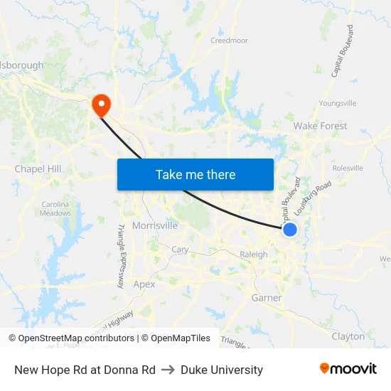 New Hope Rd at Donna Rd to Duke University map