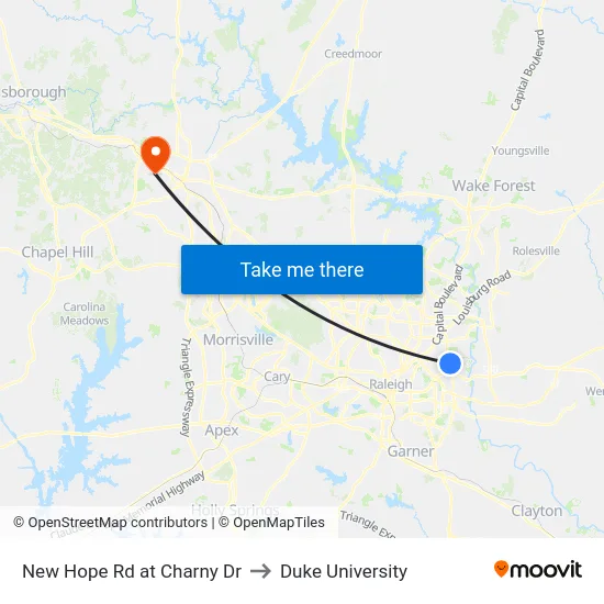 New Hope Rd at Charny Dr to Duke University map