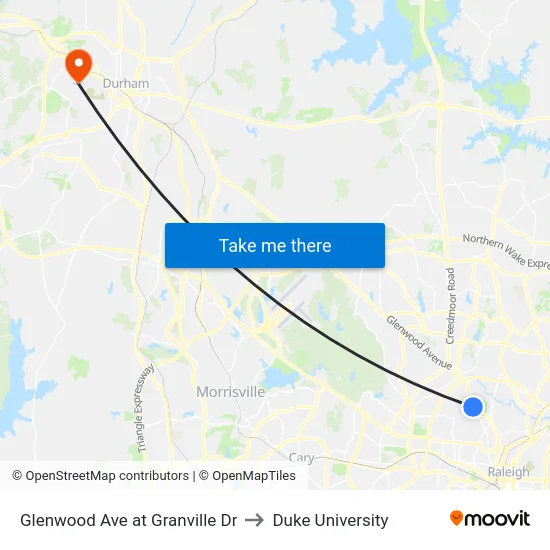 Glenwood Ave at Granville Dr to Duke University map