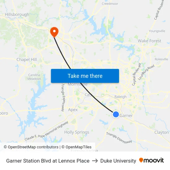 Garner Station Blvd at Lennox Place to Duke University map
