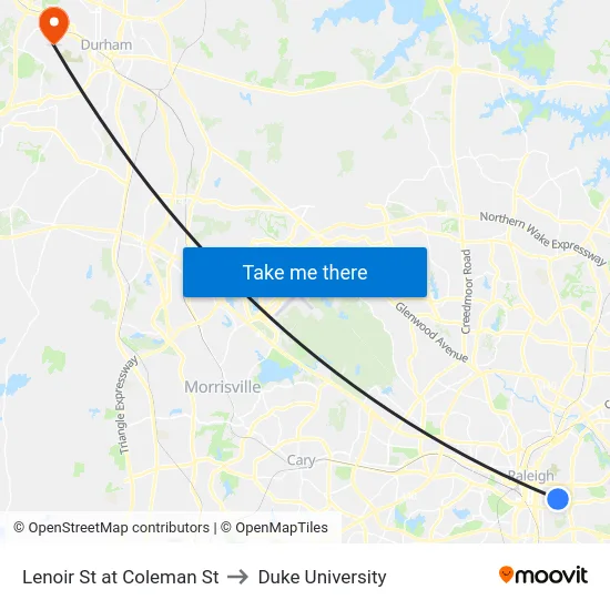 Lenoir St at Coleman St to Duke University map