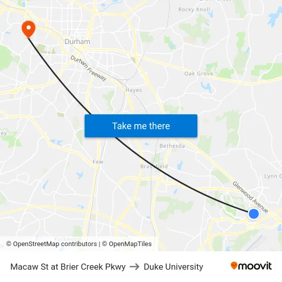 Macaw St at Brier Creek Pkwy to Duke University map
