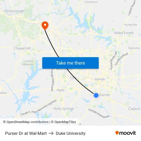 Purser Dr at Wal-Mart to Duke University map