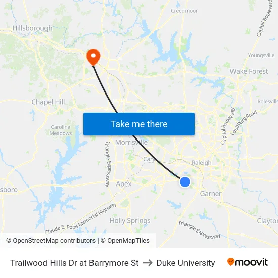 Trailwood Hills Dr at Barrymore St to Duke University map