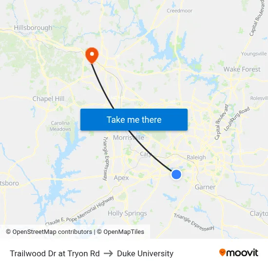 Trailwood Dr at Tryon Rd to Duke University map