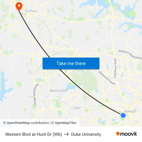 Western Blvd at Hunt Dr (Wb) to Duke University map