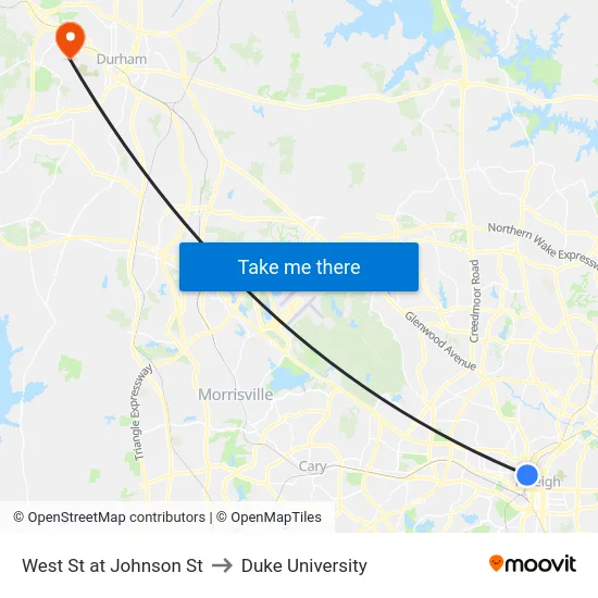 West St at Johnson St to Duke University map