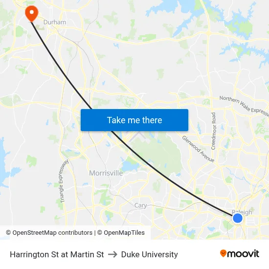 Harrington St at Martin St to Duke University map