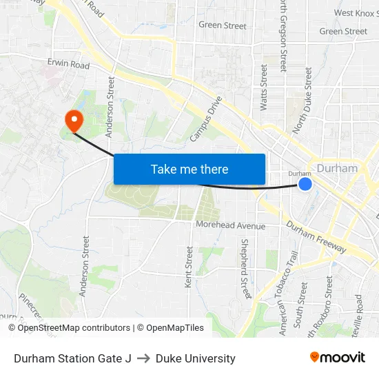 Durham Station Gate J to Duke University map
