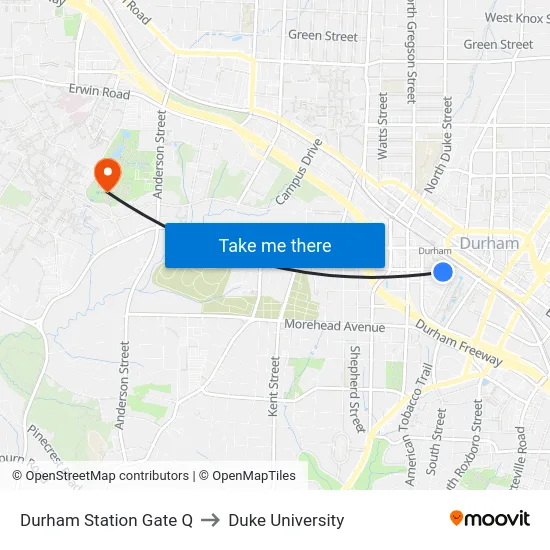 Durham Station Gate Q to Duke University map