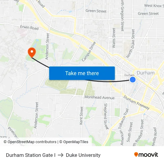 Durham Station Gate I to Duke University map