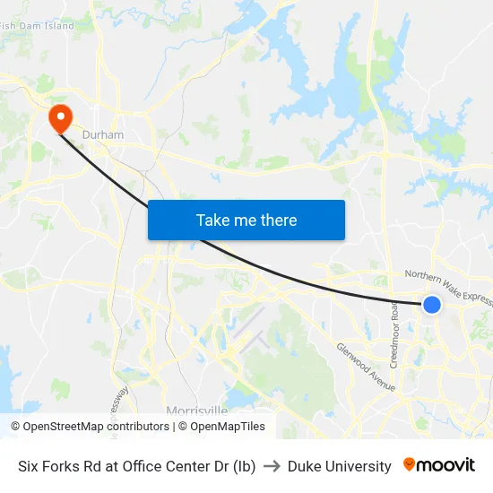 Six Forks Rd at Office Center Dr (Ib) to Duke University map