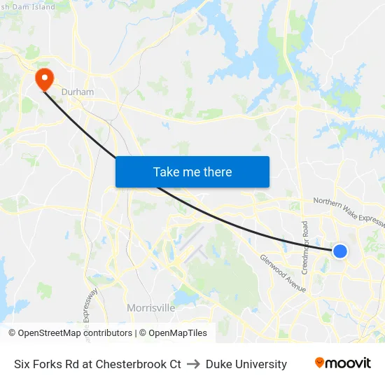 Six Forks Rd at Chesterbrook Ct to Duke University map