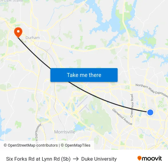 Six Forks Rd at Lynn Rd (Sb) to Duke University map