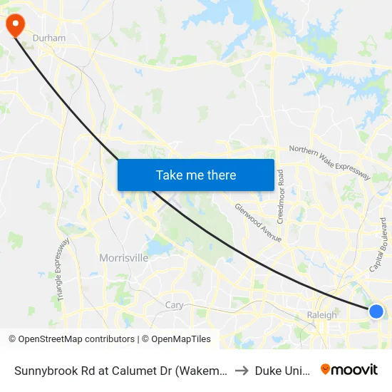 Sunnybrook Rd at Calumet Dr (Wakemed Medical Park) to Duke University map