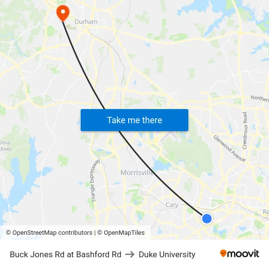 Buck Jones Rd at Bashford Rd to Duke University map