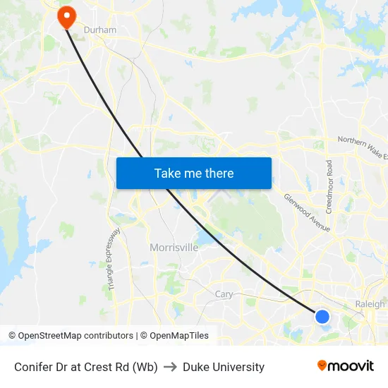 Conifer Dr at Crest Rd (Wb) to Duke University map