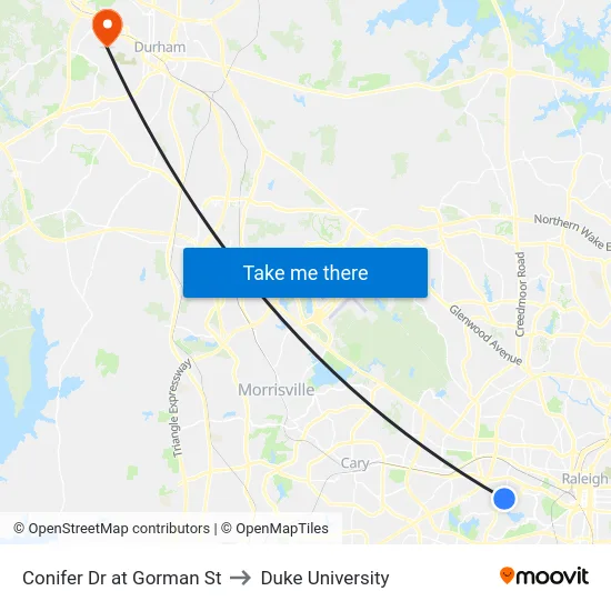 Conifer Dr at Gorman St to Duke University map