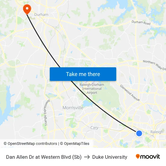 Dan Allen Dr at Western Blvd (Sb) to Duke University map