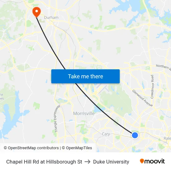 Chapel Hill Rd at Hillsborough St to Duke University map