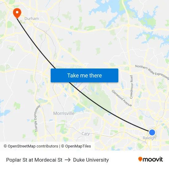 Poplar St at Mordecai St to Duke University map