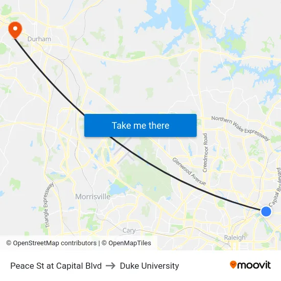 Peace St at Capital Blvd to Duke University map