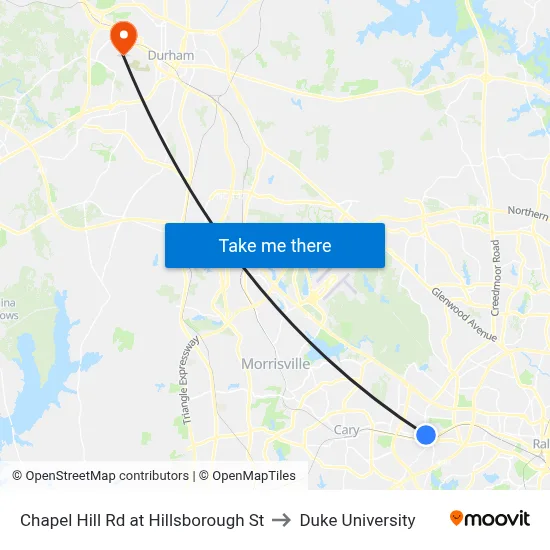 Chapel Hill Rd at Hillsborough St to Duke University map