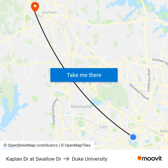 Kaplan Dr at Swallow Dr to Duke University map