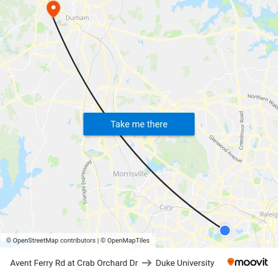 Avent Ferry Rd at Crab Orchard Dr to Duke University map