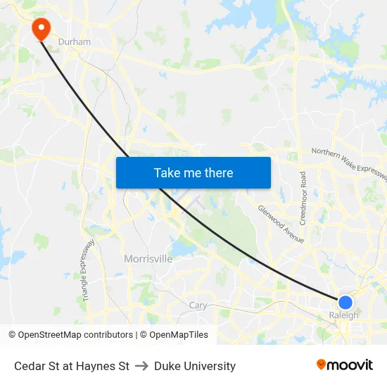 Cedar St at Haynes St to Duke University map