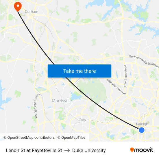 Lenoir St at Fayetteville St to Duke University map