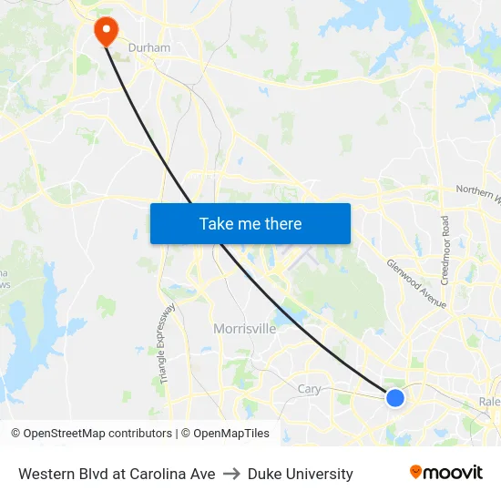 Western Blvd at Carolina Ave to Duke University map