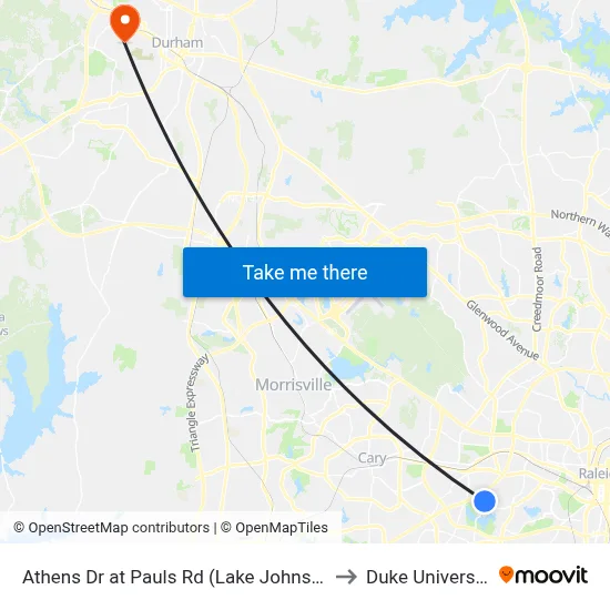 Athens Dr at Pauls Rd (Lake Johnson) to Duke University map