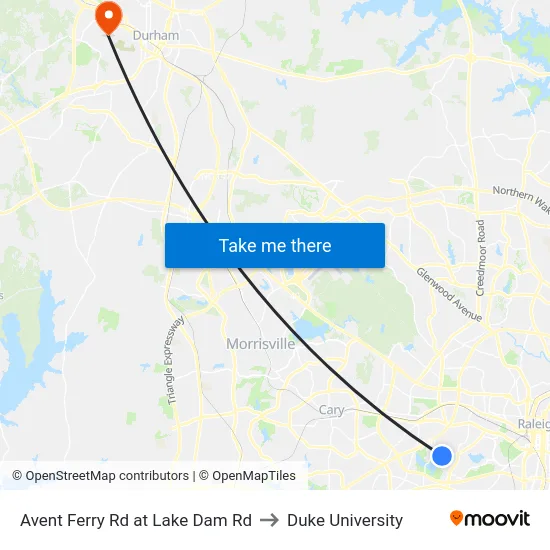 Avent Ferry Rd at Lake Dam Rd to Duke University map