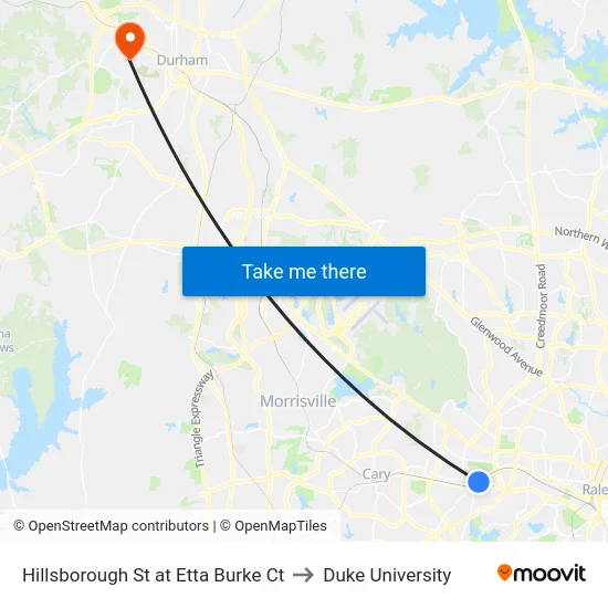 Hillsborough St at Etta Burke Ct to Duke University map