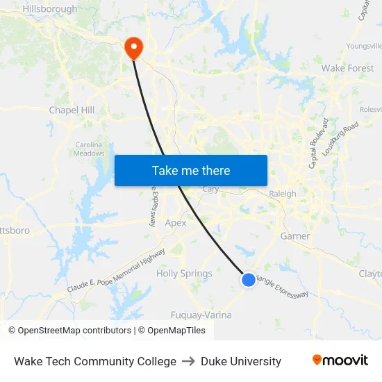 Wake Tech Community College to Duke University map