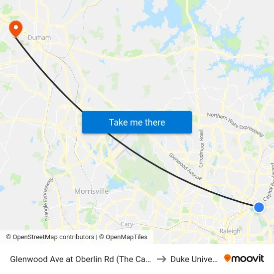 Glenwood Ave at Oberlin Rd (The Carolinian) to Duke University map
